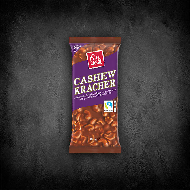 Fin Carre Cashew Kracher Alpenvollmichschokolade mit gerösteten und gesalzenen Cashewkernen